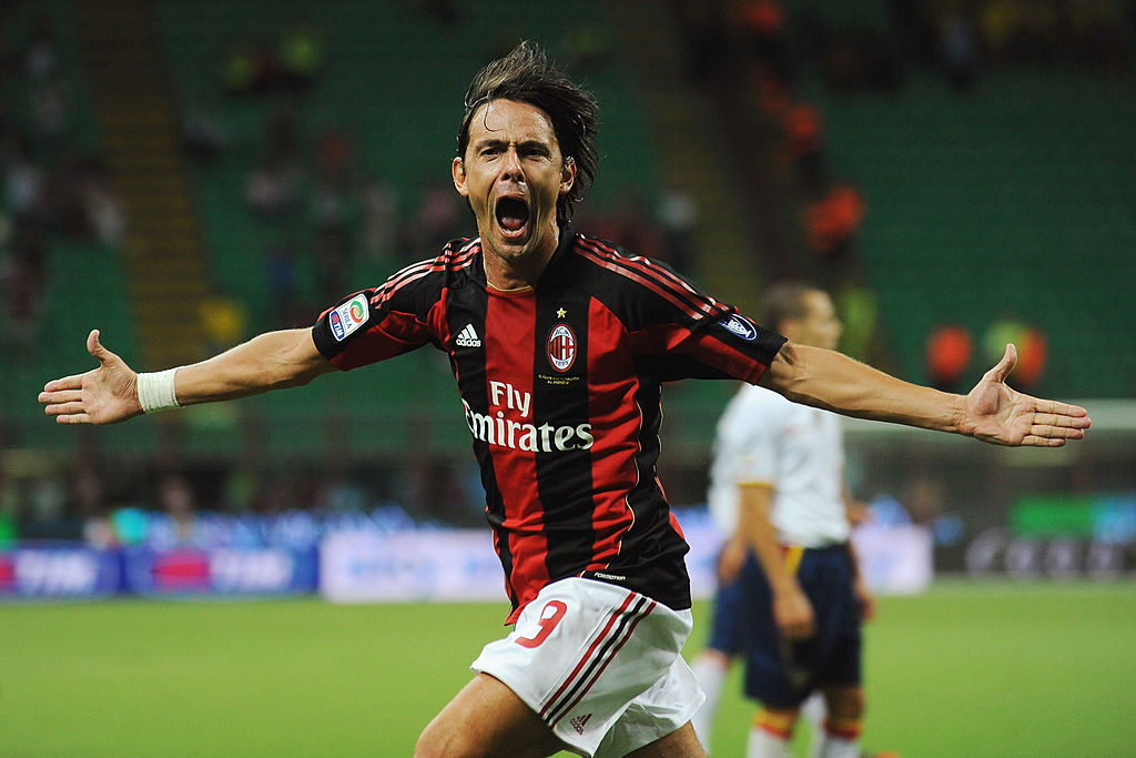 MILAN, ITALY - AUGUST 29:  Filippo Inzaghi of AC Milan celebrates his goal during the Serie A match between AC Milan and US Lecce at Stadio Giuseppe Meazza on August 29, 2010 in Milan, Italy.  (Photo by Valerio Pennicino/Getty Images)