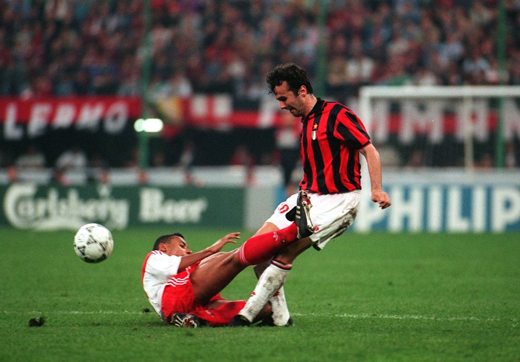 27 APR 1994:  DEJAN SAVICEVIC OF THE MILAN (RIGHT) IS CHALLENGED BY LILIAN THURAM OF MONACO DURING THE EUROPEAN CUP SEMI-FINAL MATCH IN MILAN, ITALY. Mandatory Credit: Gary M. Prior/ALLSPORT