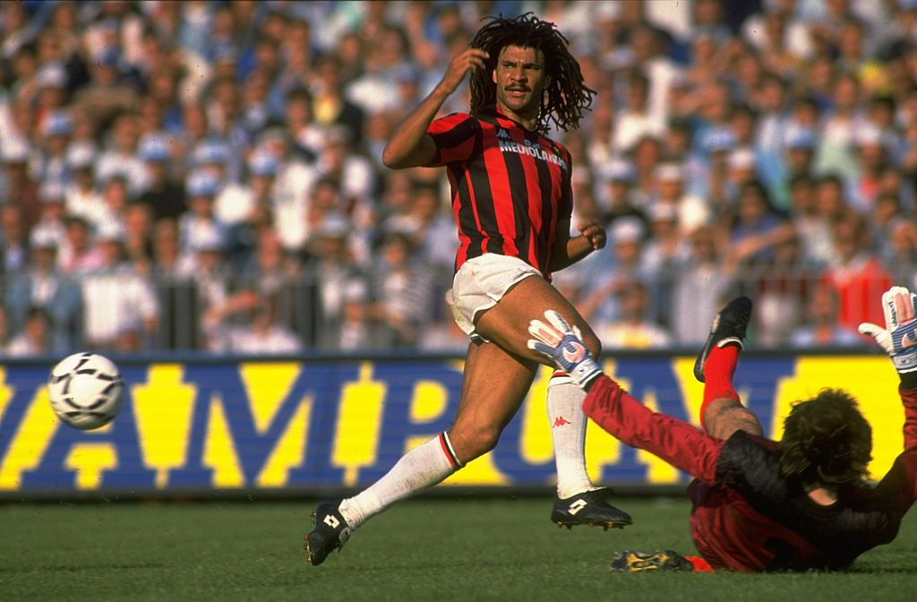 May 1988:  Ruud Gullit (left) of AC Milan in action during the Serie A  match against Napoli in Napoli, Italy. AC Milan won the match 3-2.  Mandatory Credit: Allsport UK /Allsport