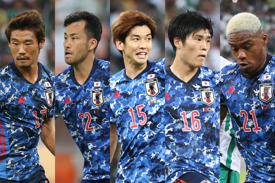 （左から）守田、吉田、大迫、冨安、オナイウ【写真：JFA】