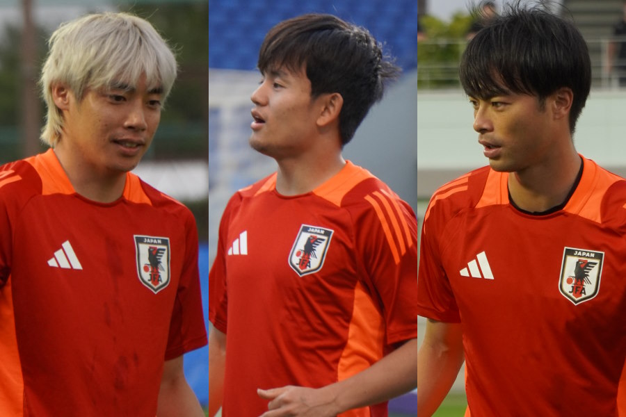 日本代表の伊東純也、久保建英、三笘薫【写真：FOOTBALL ZONE編集部】