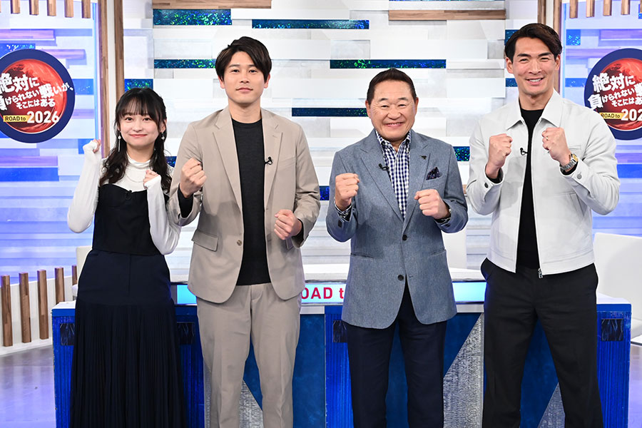 座談会に出演した（左から）影山優佳、内田篤人、松木安太郎、槙野智章【写真提供：テレビ朝日】